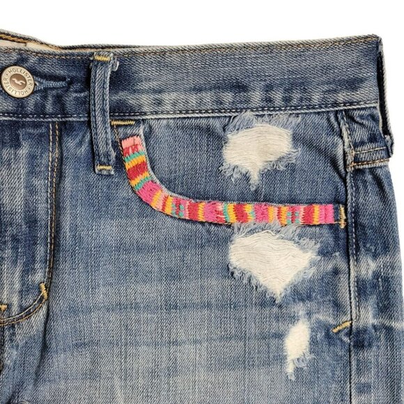 Hollister Embroidered Shorts Booty Colorful Blue Denim Jean Fringe Womens 7 - Picture 3 of 9